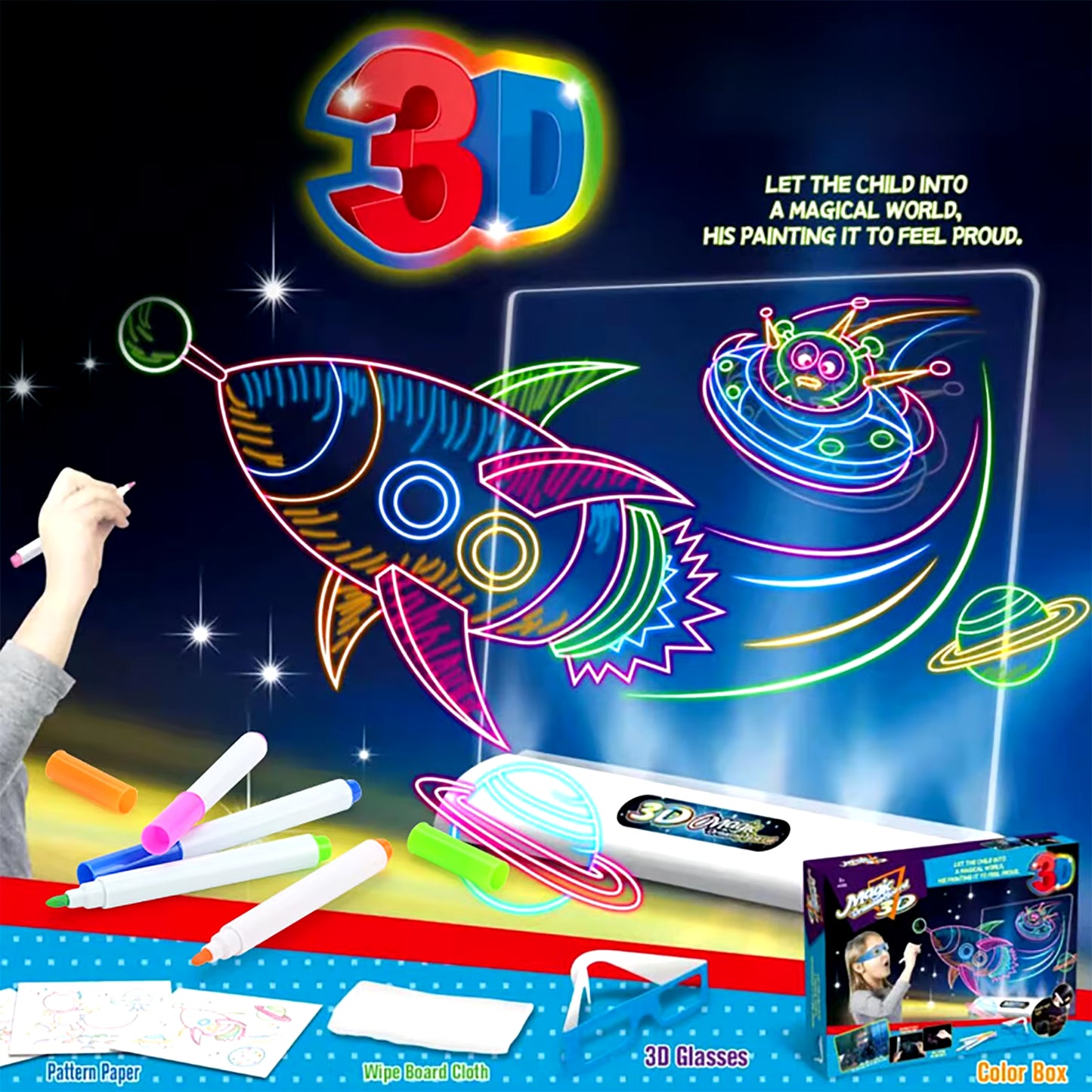 3D Magic Drawing Pad LED Light Colorful Space Dimming Led Drawing Copy Pad Board Children'S Toy Painting Educational Toy