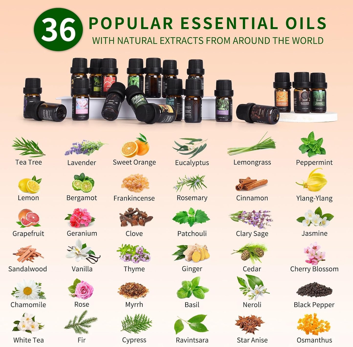 36 Pcs Essential Oils Set, Essential Oils for Diffuser, Aromatherapy, Humidifier, Diffuser Oil Scent for DIY Candle and Soap Making - Premium Fragrance Oils - Peppermint, Lavender, Frankincense